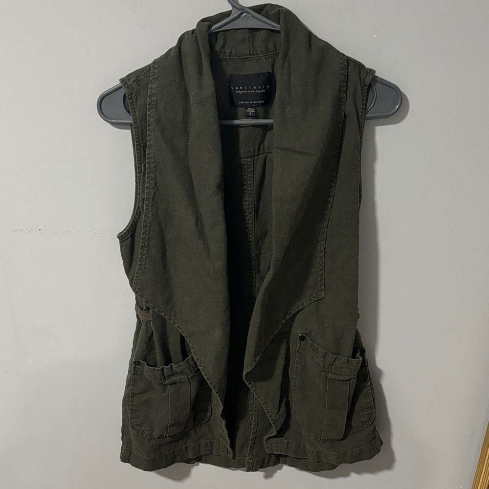 Sanctuary Olive Green Linen Blend Utility Vest Draped Open Front Small